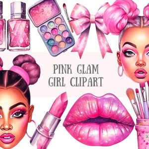Aquarelle rose Glam Girl Clipart maquillage mode filles PNG Image numérique à télécharger pour la fabrication de cartes Scrapbook Junk Journal travaux manuels en papier