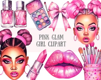 Watercolour Pink Glam Girl Clipart Makeup Fashion Girls PNG Digital Image Downloads for Card Making Scrapbook Junk Journal Paper Crafts