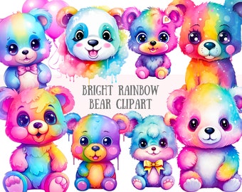 Watercolour Bright Rainbow Bears Clipart Kawaii Teddy Bear PNG Digital Image Downloads for Card Making Scrapbook Junk Journal Paper Crafts