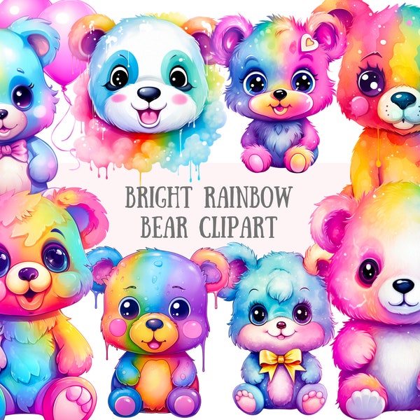 Watercolour Bright Rainbow Bears Clipart Kawaii Teddy Bear PNG Digital Image Downloads for Card Making Scrapbook Junk Journal Paper Crafts