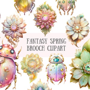 Acquerello Fantasy Spring Spilla Clipart Gemstone Jewelry PNG Download di immagini digitali per la realizzazione di cartoline Scrapbook Junk Journal Paper Crafts