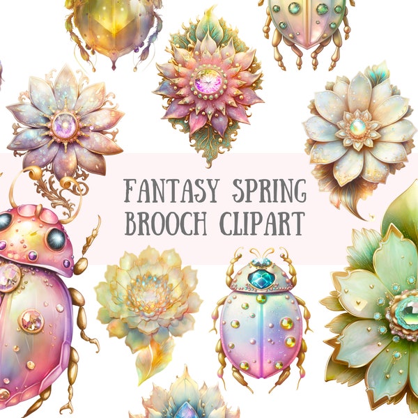 Watercolour Fantasy Spring Brooch Clipart Gemstone Jewelry PNG Digital Image Downloads for Card Making Scrapbook Junk Journal Paper Crafts