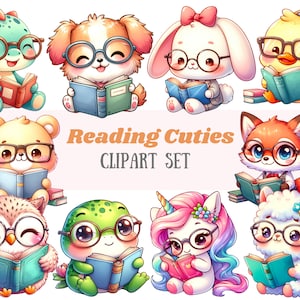 Acuarela Lectura Animal Clipart Kawaii Bookworm Animales PNG Descarga de imagen digital para hacer tarjetas Scrapbook Junk Journal Paper Craft
