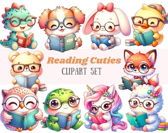 May include: A set of ten adorable cartoon animals wearing glasses and reading books. The animals include a dinosaur, dog, bunny, duck, bear, owl, frog, unicorn, fox, and llama. The animals are all wearing glasses and holding books in their paws. The text "Reading' Cutie CLIPART SET" is at the top of the image.