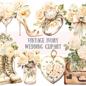 Aquarell Vintage Elfenbein Hochzeit Clipart Shabby Chic Rose PNG digitale Bild-Downloads für die Kartenherstellung Scrapbook Junk Journal Papierhandwerk