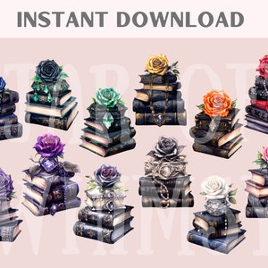 May include: A set of 10 digital clipart images featuring stacks of vintage books topped with roses in various colors, including purple, red, orange, yellow, green, and white. The books have ornate details and are adorned with jewels and chains.