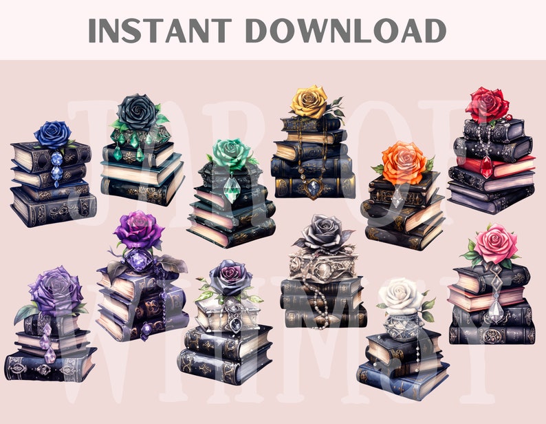 May include: A set of 10 digital clipart images featuring stacks of vintage books topped with roses in various colors, including purple, red, orange, yellow, green, and white. The books have ornate details and are adorned with jewels and chains.