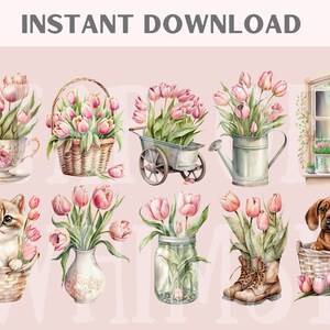 Watercolour Vintage Pink Tulip Clipart Pink Spring Flower PNG Digital Image Downloads for Card Making Scrapbook Junk Journal Paper Crafts image 2