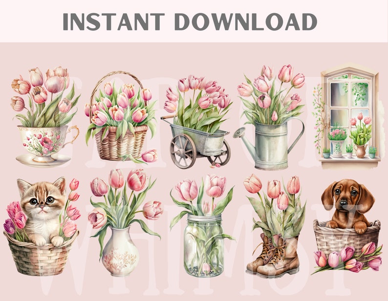 Watercolour Vintage Pink Tulip Clipart Pink Spring Flower PNG Digital Image Downloads for Card Making Scrapbook Junk Journal Paper Crafts image 2