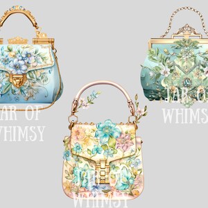 May include: Three floral patterned handbags with gold accents. The handbags are all different styles and colors. The text "JAR OF WHIMSY" is printed below each handbag.