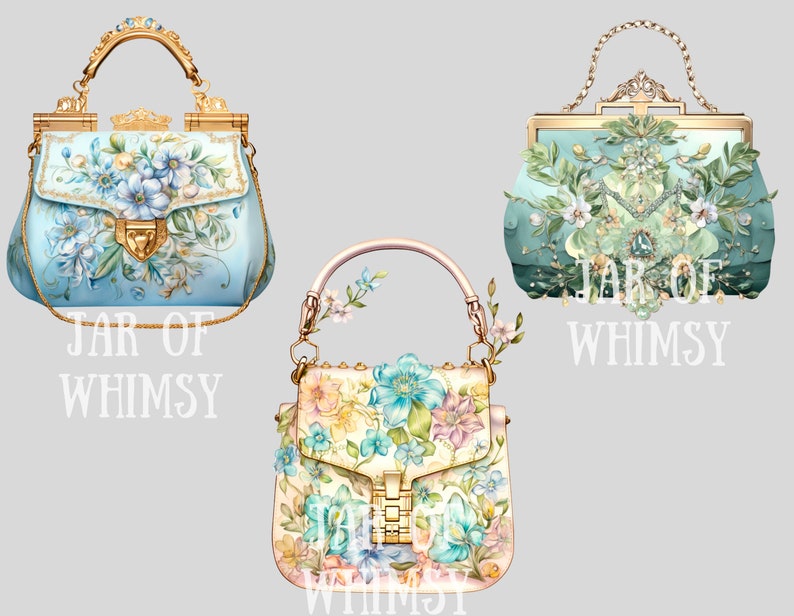 May include: Three floral patterned handbags with gold accents. The handbags are all different styles and colors. The text "JAR OF WHIMSY" is printed below each handbag.