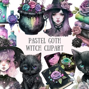 Watercolour Pastel Goth Witch Clipart - Dark Fairytale Fantasy PNG Digital Image Downloads for Card Making, Scrapbook, Junk Journal, Crafts