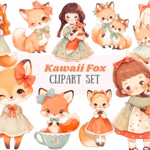 Clipart renard aquarelle renard Kawaii renard des bois Mori Girl PNG Image numérique à télécharger pour la fabrication de cartes Scrapbook Junk Journal artisanat en papier