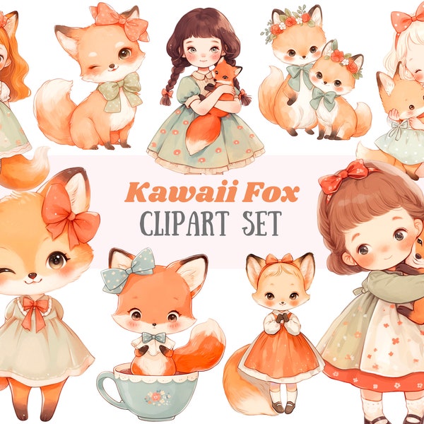 Watercolour Fox Clipart Kawaii Fox Woodland Mori Girl PNG Digital Image Download for Card Making Scrapbook Junk Journal Paper Craft