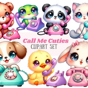 Aquarelle mignon appelez-moi des cliparts téléphone rotatif rétro animaux PNG Image numérique à télécharger pour la fabrication de cartes, scrapbooking, journal indésirable, travaux manuels en papier