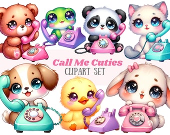 Può includere: Una collezione di adorabili animali dei cartoni animati, tra cui un orso, una rana, un panda, un gatto, un cucciolo, un pulcino e un coniglio, ognuno con un telefono vintage. L'immagine presenta il testo "Call Me Cuties CLIPART SET" in rosa e bianco.