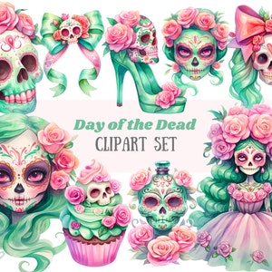 Aquarell Day of the Dead Clipart Rosa und Grün Calavera PNG digitale Bild-Downloads für die Kartenherstellung Scrapbook Junk Journal Papierhandwerk