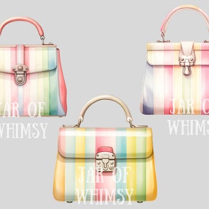 May include: Three striped handbags with gold hardware and the text "JAR OF WHIMSY" on the bottom. The handbags are in shades of pink, yellow, and blue.