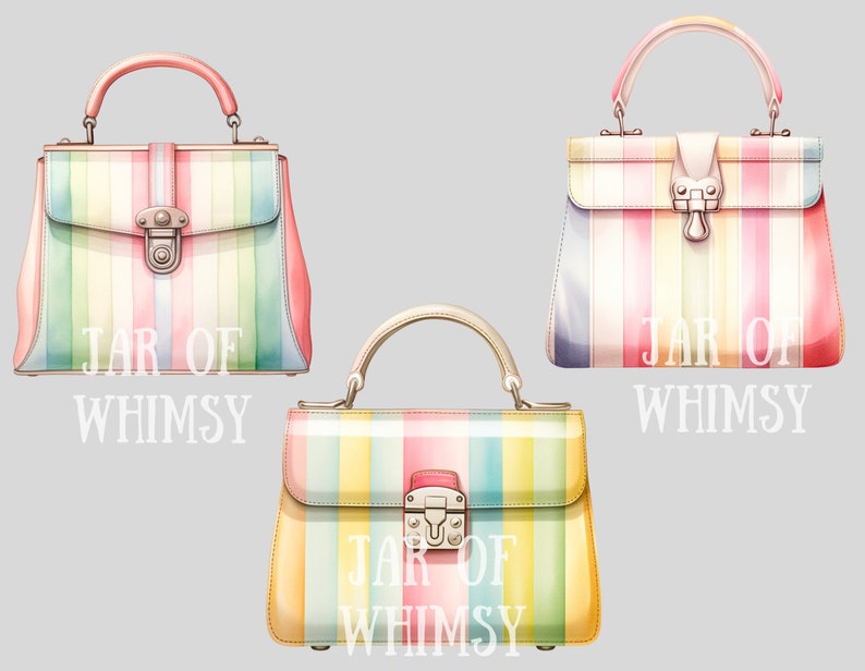 May include: Three striped handbags with gold hardware and the text "JAR OF WHIMSY" on the bottom. The handbags are in shades of pink, yellow, and blue.