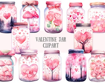 Watercolour Valentine Jar Clipart Romantic Jar of Hearts PNG Digital Image Downloads for Card Making Scrapbook Junk Journal Paper Crafts