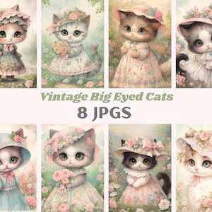 Clipart vintage aquarelle chat aux grands yeux chats dans des chapeaux Art JPG téléchargements d'images numériques pour la fabrication de cartes scrapbooking indésirable Journal travaux manuels en papier