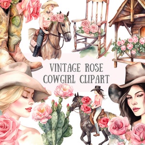 Aquarell Vintage Rose Cowgirl Clipart Wild Western PNG digitale Bild-Downloads für die Kartenherstellung Scrapbook Junk Journal Papierhandwerk