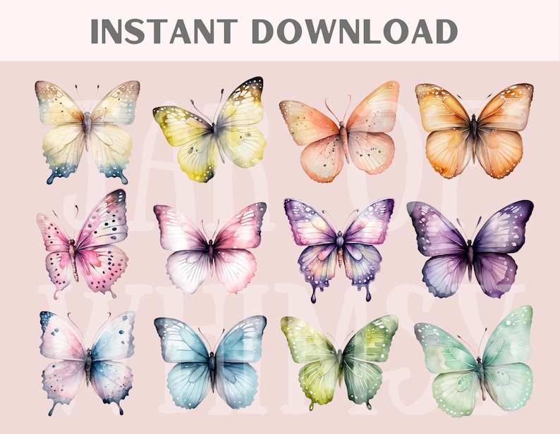 May include: Twelve watercolor illustrations of butterflies in various colors, including yellow, orange, pink, purple, blue, and green. The butterflies are painted in a realistic style with delicate details.