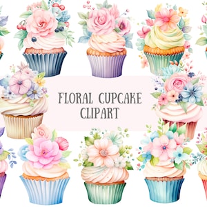 Acuarela Floral Cupcake Clipart Boda Cupcake Gráfico PNG Descargas de imágenes digitales para hacer tarjetas Scrapbook Junk Journal Paper Crafts