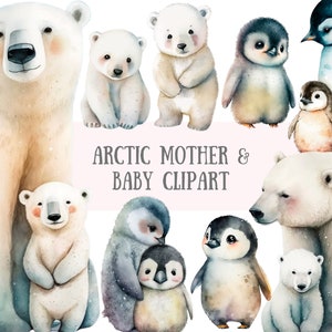 Aquarell Arktis Mutter & Baby Clipart - Pinguine Eisbären PNG digitale Bild-Downloads für die Kartenherstellung Scrapbook Junk Journal Crafts