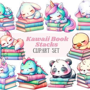 Pila de libros kawaii de acuarela Clipart Lindos animales de ratón de biblioteca PNG Imagen digital Descarga para hacer tarjetas Álbum de recortes Diario basura Manualidades de papel