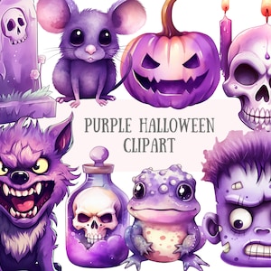 Akwarela Fioletowy Halloween Clipart Kawaii Halloween PNG Cyfrowe Pobieranie Obrazów do Tworzenia Kartek Scrapbook Junk Journal Paper Crafts
