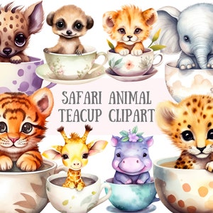 Acquerello Safari Animale Tazza da tè Clipart Cuccioli di animali PNG Download di immagini digitali per la realizzazione di cartoline Scrapbook Junk Journal Mestieri di carta