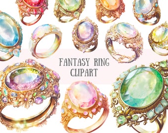 Akwarela Fantasy Ring Clipart Gemstone Jewelry PNG Pobieranie obrazów cyfrowych do tworzenia kart Scrapbook Junk Journal Paper Crafts