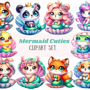 Aquarelle sirène animaux Clipart Kawaii Chibi sirène PNG Image numérique à télécharger pour la fabrication de cartes scrapbooking journal indésirable papier artisanat