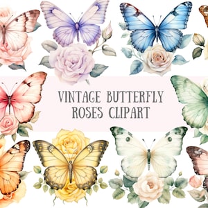 Aquarell Vintage Schmetterling Rose Clipart Pastell Blumen PNG digitale Bild-Downloads für die Kartenherstellung Scrapbook Junk Journal Papierhandwerk