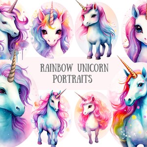 Watercolour Rainbow Unicorn Clipart Unicorn Portrait PNG Digital Image Downloads for Card Making Scrapbook Junk Journal Paper Crafts