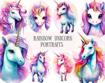 Watercolour Rainbow Unicorn Clipart Unicorn Portrait PNG Digital Image Downloads for Card Making Scrapbook Junk Journal Paper Crafts