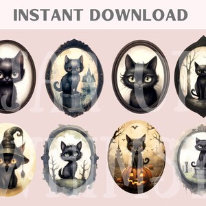May include: Eight digital illustrations of black cats in ornate oval frames. Each frame features a different background scene, including a spooky house, a graveyard, and a forest. The cats are depicted in various poses, including sitting, standing, and looking directly at the viewer.