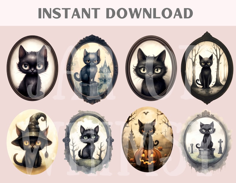 May include: Eight digital illustrations of black cats in ornate oval frames. Each frame features a different background scene, including a spooky house, a graveyard, and a forest. The cats are depicted in various poses, including sitting, standing, and looking directly at the viewer.