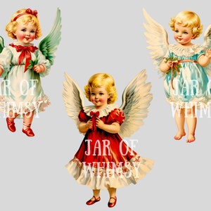 Pode incluir: Tr&ecirc;s ilustra&ccedil;&otilde;es vintage de anjos com asas. Cada anjo &eacute; uma menina com cabelo loiro que usa um vestido branco, azul ou vermelho. Os anjos est&atilde;o segurando um ramo de vegeta&ccedil;&atilde;o em suas m&atilde;os. O texto "JAR OF WHIMSY" aparece na parte inferior de cada imagem.