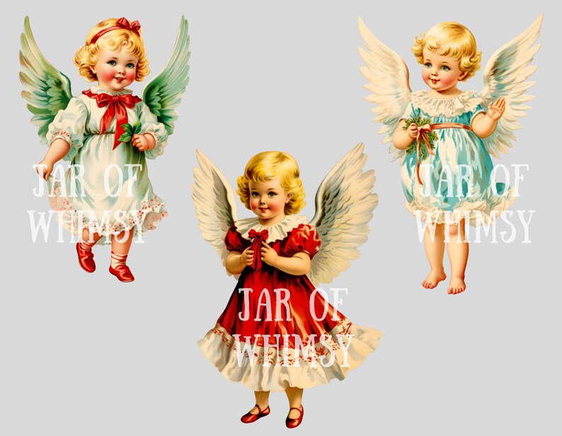 Pode incluir: Tr&ecirc;s ilustra&ccedil;&otilde;es vintage de anjos com asas. Cada anjo &eacute; uma menina com cabelo loiro que usa um vestido branco, azul ou vermelho. Os anjos est&atilde;o segurando um ramo de vegeta&ccedil;&atilde;o em suas m&atilde;os. O texto "JAR OF WHIMSY" aparece na parte inferior de cada imagem.