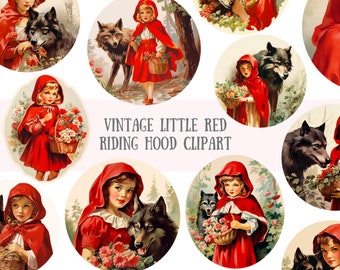 Watercolour Vintage Little Red Riding Hood Clipart Artwork PNG Digital Image Downloads for Card Making Scrapbook Junk Journal Paper Crafts
