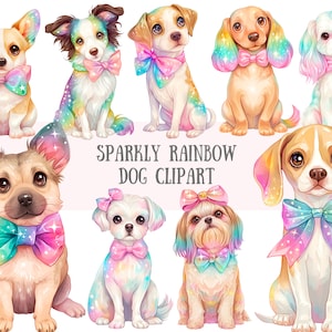 Arc-en-ciel brillant aquarelle chien Clipart magique arc-en-ciel chiot PNG Image numérique à télécharger pour la fabrication de cartes Scrapbook Junk Journal travaux manuels en papier