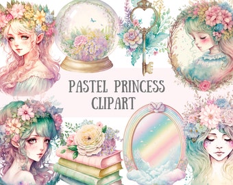 Watercolour Pastel Princess Clipart - Rainbow Fantasy PNG Digital Image Downloads for Card Making, Scrapbook, Junk Journal, Paper Crafts