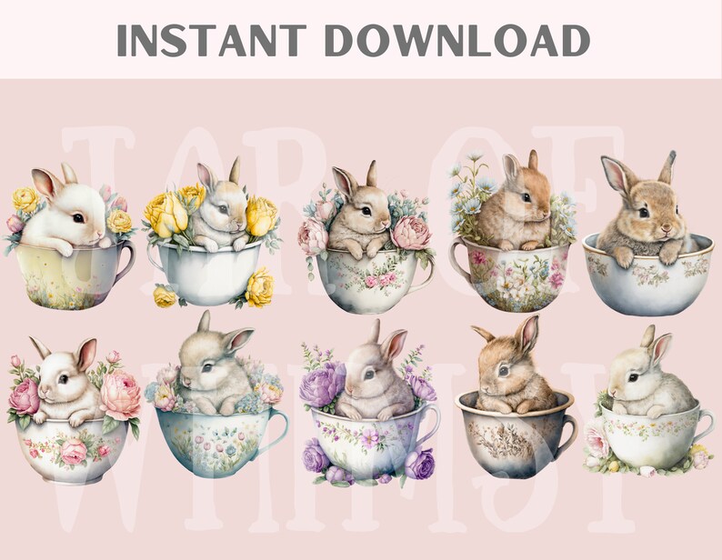 Spring Watercolour Rabbits Watercolour Spring Teacup Bunny Clipart - Easter Rabbits PNG Digital ...