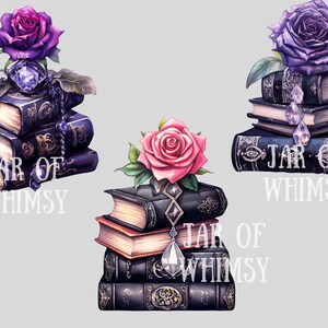 May include: Three stacks of vintage books with purple, pink, and dark purple roses on top. Each stack has a crystal charm hanging from the top book. The text "JAR OF WHIMSY" is printed on each stack.