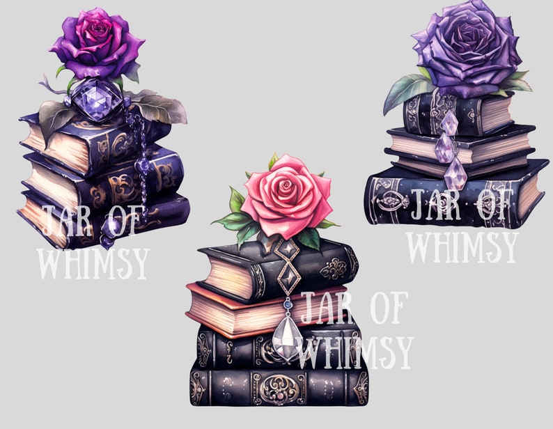 May include: Three stacks of vintage books with purple, pink, and dark purple roses on top. Each stack has a crystal charm hanging from the top book. The text "JAR OF WHIMSY" is printed on each stack.
