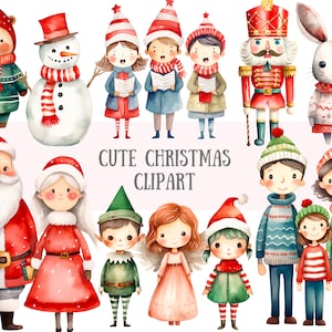 Acquerello carino Natale Clipart dolci personaggi natalizi PNG Download di immagini digitali per la realizzazione di cartoline Scrapbook Junk Journal Paper Craft