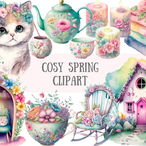 Watercolour Cosy Spring Clipart - Floral Book Nook PNG Digital Image Downloads for Card Making, Scrapbook, Junk Journal, Paper Crafts