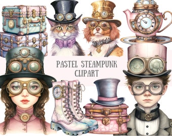 Watercolour Pastel Steampunk Clipart Cute Anime Manga Girl PNG Digital Image Downloads for Card Making Scrapbook Junk Journal Paper Crafts